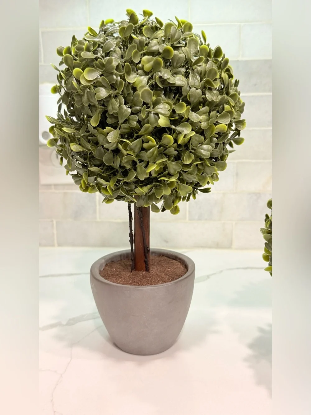 Set of 2 Faux Boxwood Topiary Plants Small Artificial Trees Grey Pots